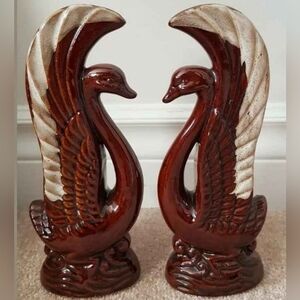Vintage Pair of Brown Drip Glazed Redware Pottery Swans